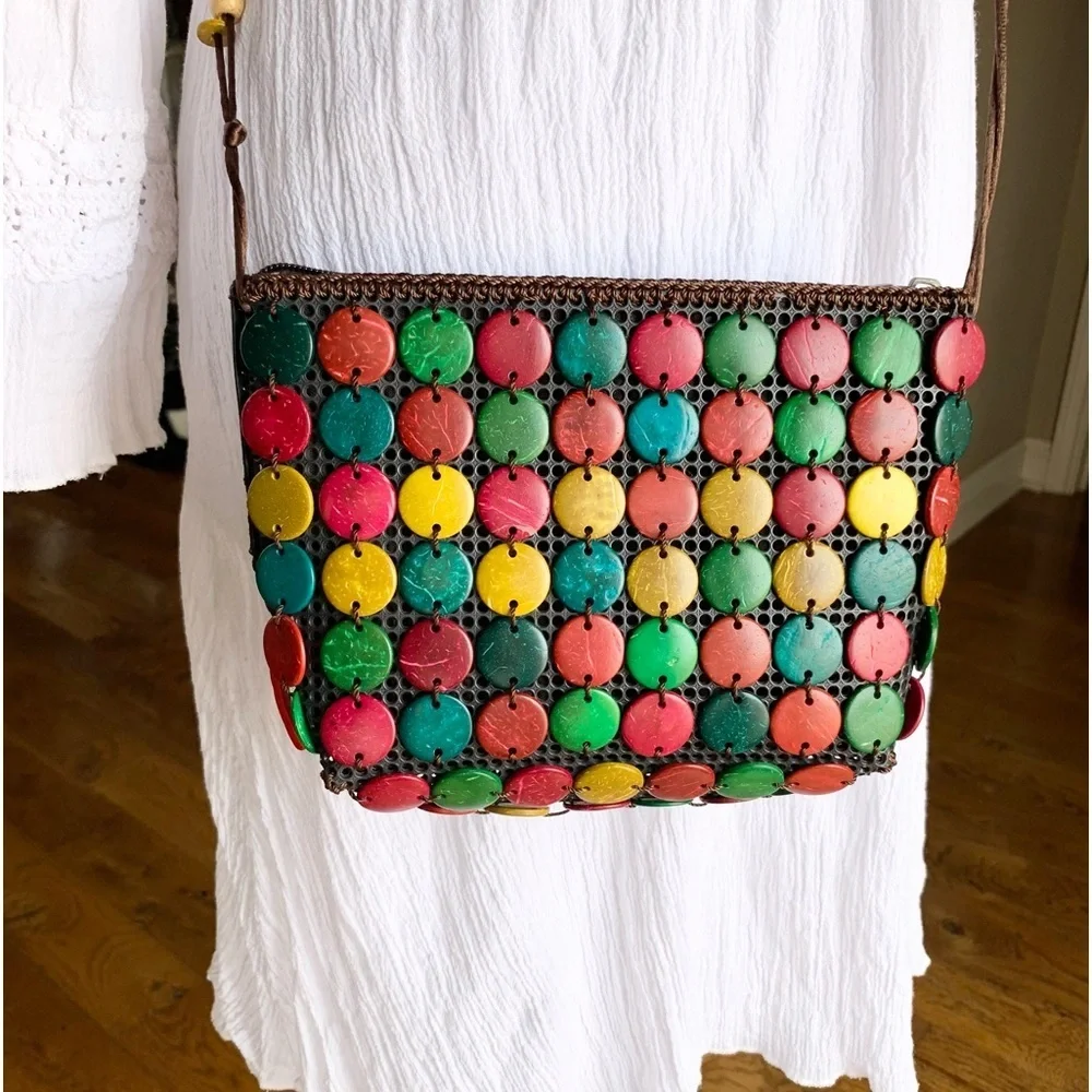 Multicolor Wooden Beaded‎ Sling Crossbody Bag